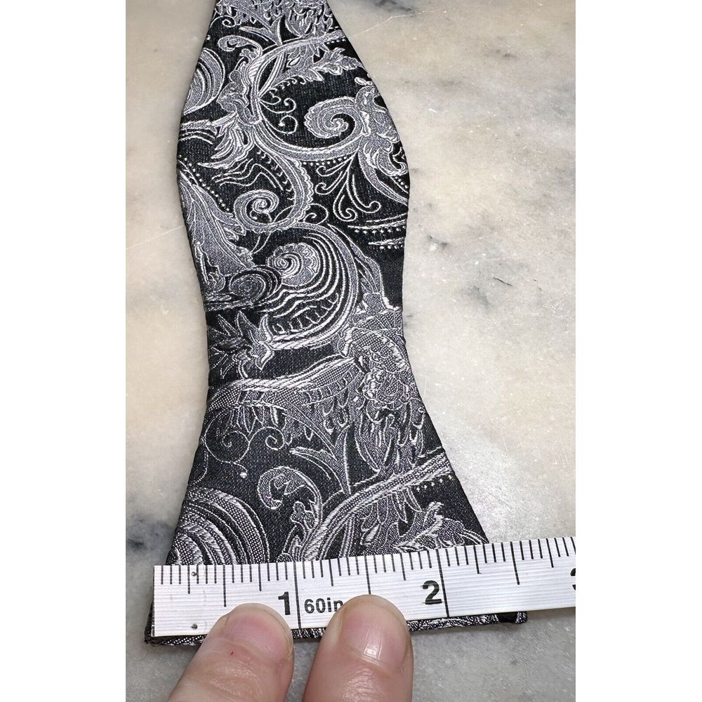 100% Silk Black Silver Paisley Woven Self Tie Adjustable Bow Tie - Picture 3 of 5